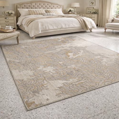 Tapis abstrait moderne beige gris moutarde lavable 150x150