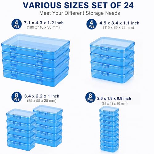 Image of Blue Organizer Boxes, 24 Pack Mixed Size Plastic Storage Containers with Hinged Lid & Label Stickers, Multi-Size Rectangular Clear Boxes for Beads, Jewelry, Crafts, Electronic - DIY