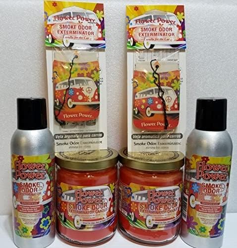 Smoke Odor Exterminator Flower Power Bundle: 6 Items - Jar Candle & Spray - Red Scent - 200 sq ft - Air Freshener