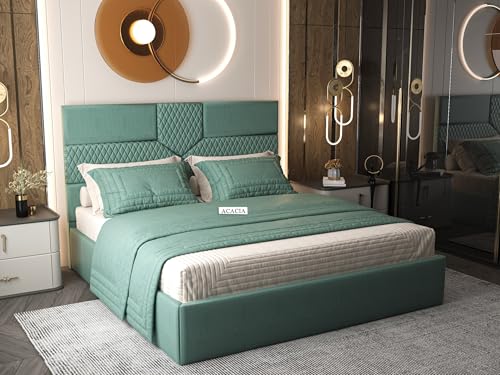 Image of Acacia Modern Upholstered Queen Size Bed with Box Storage for Bedroom | Wooden Double Bed with Storage | Platform Cot Bed with Upholstery Premium Fabric | 6.5 x 5 Ft | Sheesham Wood (Viridian Green)
