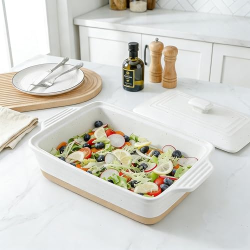 HVH Ceramic Casserole Dish with Lid - Oven Safe, 9x13 Rectangular Baking Dish, 3.5 Quart, Farmhouse Style (White)