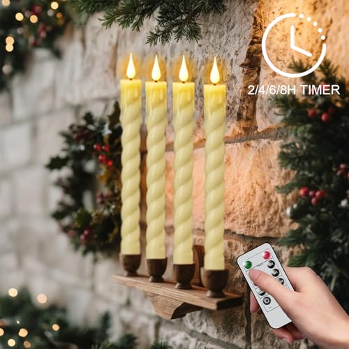 Image of Flickering Flameless Taper Candles with Remote and Timer, 2 Pack Battery Operated LED Taper Candles 3D Wick Plastic Dripping Effect Dinner Wedding Holiday Decor(Ivory, 0.78 inch D x 9.65 inch H)