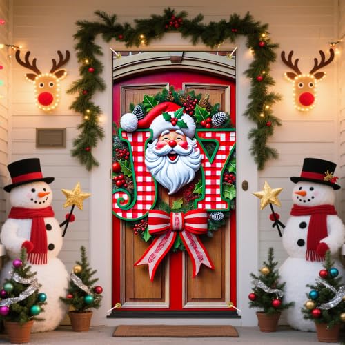 Image of JOY Sign Santa Face Red Gingham Christmas Door Cover 35x71in