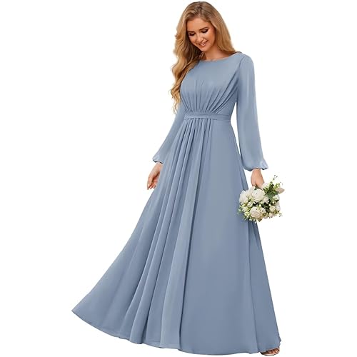 TORYEMY Chiffon Bridesmaid Dresses with Sleeves Long Formal Evening Dresses for Wedding