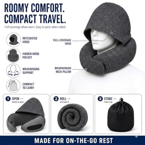 Oreiller de voyage avec capuche, oreiller d'avion en mousse à mémoire de forme amélioré pour dormir, soutien à 360°, oreiller de voyage en forme de U avec cache-yeux caché, accessoires de vol portables pour avion, voiture, bureau (noir) – Image 7