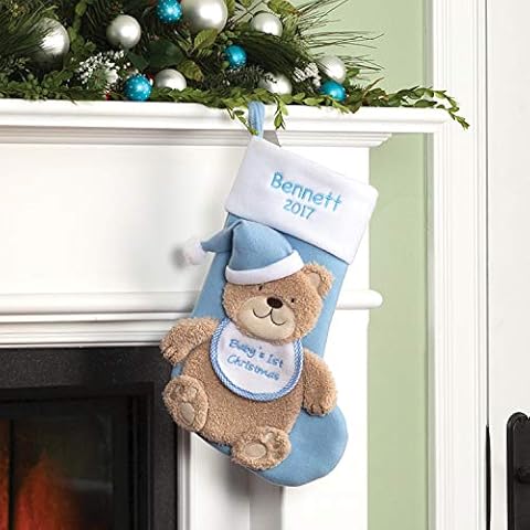 Personalized Planet Baby Boy’s 1st Christmas Stocking with Custom Name and Year Embroidery | Blue Stocking with Baby Brown Bear 3-D Character Design | Fun Festive Christmas Keepsake | Ready to Hang Cover