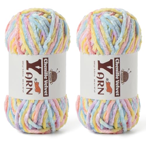 Image of 2 Pack Plush Chenille Chunky Yarn - Fluffy Velvet Yarns Crochet for Blanket Knitting and Crocheting - Soft Baby Yarn for Crocheting - Amigurumi Crochet Yarns 100g (87yds) (2 Macaron)