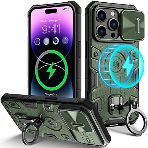 Wefor Case for iPhone 14 Pro Max Case with Stand, Slide Camera Cover, Military Grade Shockproof Portective Case Compatible with MagSafe Wireless Charger&Magnetic Car Mount Holder (Green)