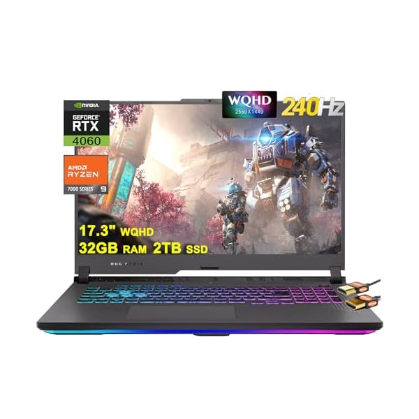 ASUS ROG Strix G17 G713 Gaming Laptop 17.3″ WQHD IPS 240Hz AMD 12-Core Ryzen 9 7845HX (Beat i9-12900H) 32GB DDR5 2TB SSD GeForce RTX 4060 8GB USB-C RGB Backlit Fast Charging Win11 Black + HDMI Cable