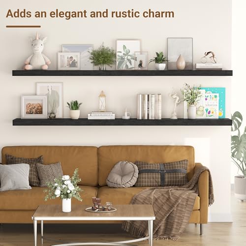 Image of 55 Inch Floating Shelves, 12 Inch Deep Floating Shelves for Wall, Extra Deeper & Thicker Wooden Wall Shelf with Invisible Brackets, Shelf for Bedroom Living Room Home Decor（Black, Set of 2）