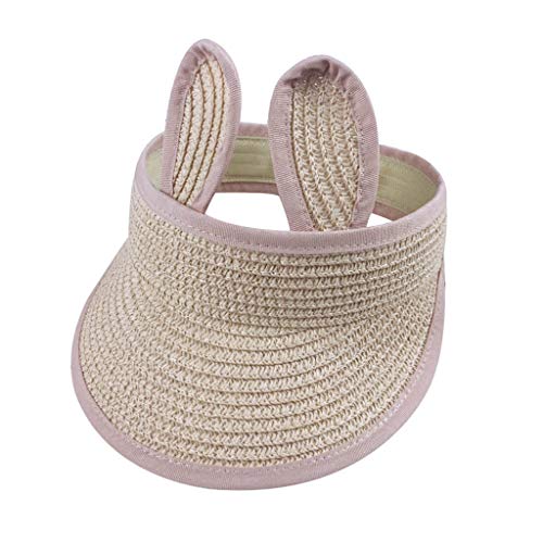 Cuekondy Toddler Baby Boy Girl Summer Sun Hat Straw Visor Cap Cute Rabbit Folding Adjustable Beach Sun Protection Hat(Pink,19-24 months(50cm-52 cm))