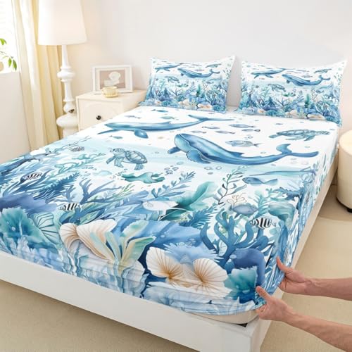 Image of jejeloiu Sea Animal Bed Sheets Set King Size Whale Turtle Fish Bed Set for Kids Boys Girls The Sea Marine Animal Deep Pocket Fitted Sheet Summer Breathable Soft Lightweight Microfiber
