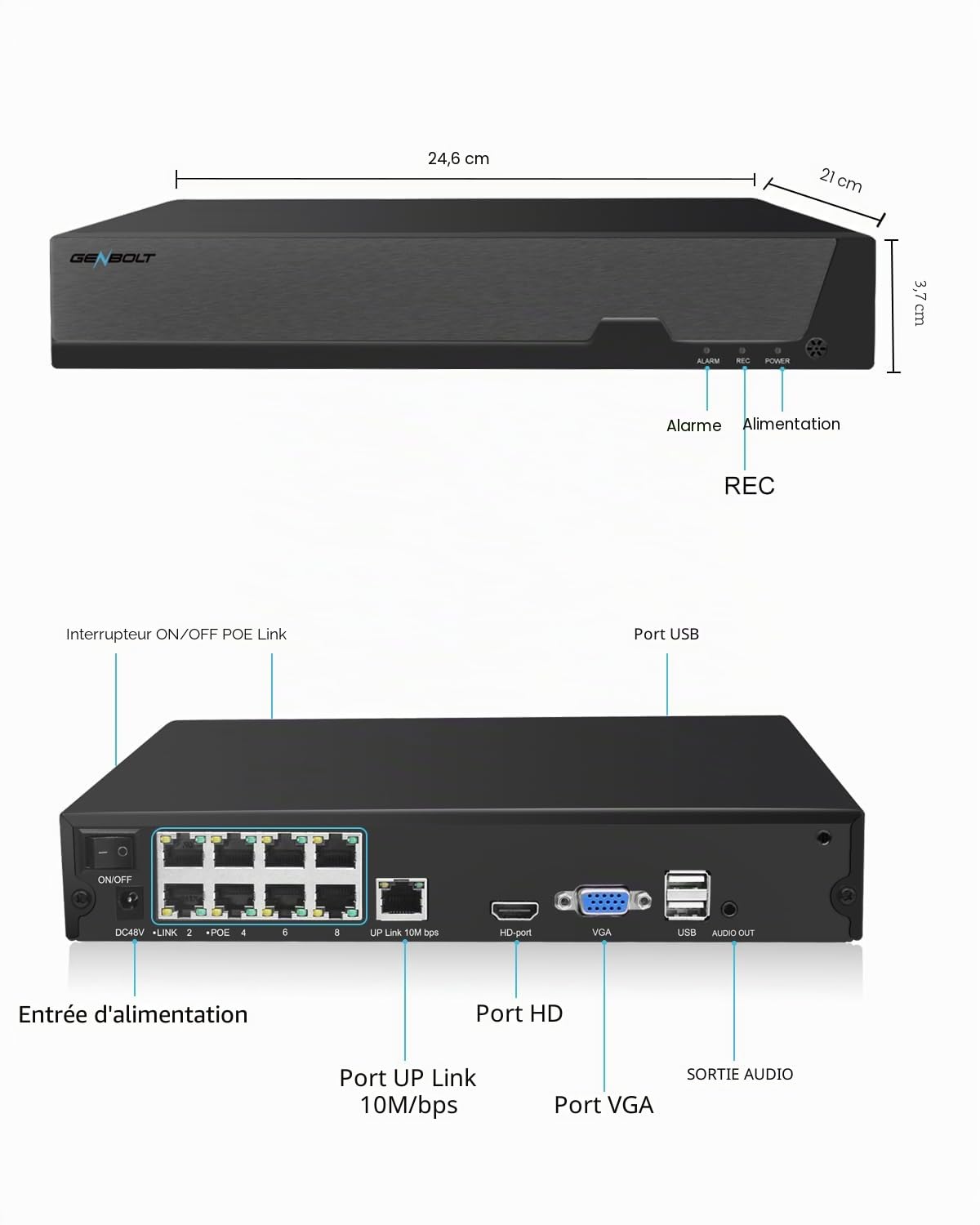 GENBOLT NVR PoE 4K, Système d'enregistrement vidéo réseau pour caméra de sécurité 10 canaux, Support Les caméras IP PoE HD 8MP/5MP/4MP/1080P, Enregistrement de Surveillance 24h/7 (Aucun Disque Dur)