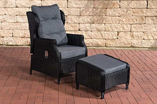 CLP Polyrattan-Sessel Breno Mit Sitzpolster Und Fußhocker I Relaxsessel Mit Verstellbarer Rückenlehne, Farbe:schwarz, Polsterfarbe:Eisengrau