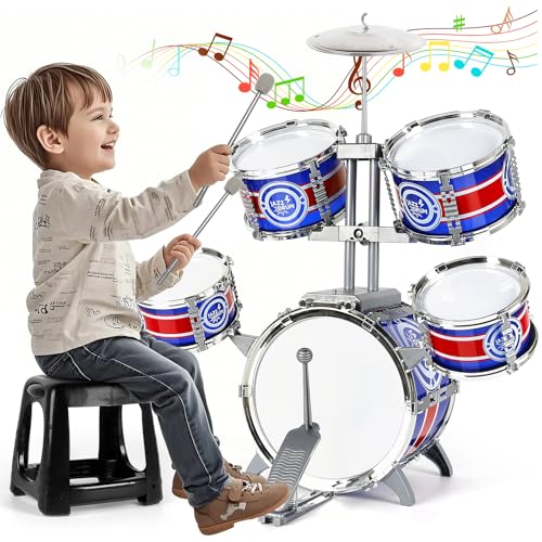 Kids Drum Set, Drum Set for Toddlers with Stool Upgraded Plastic Rock Jazz Drum Kit Musical Instruments Toys Gifts for 1 3 5 7 9 12 Years Boys Girls