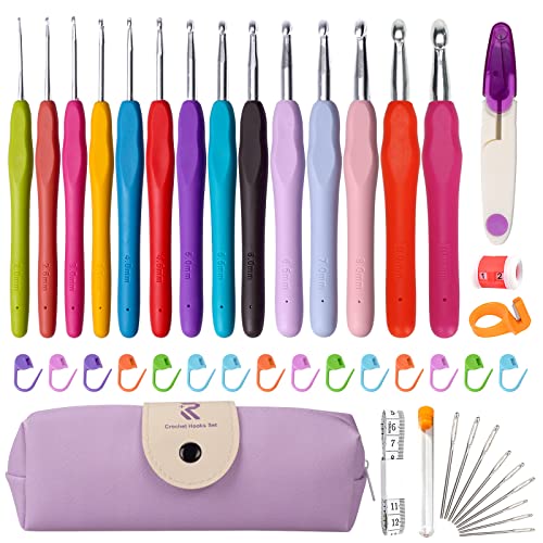 RealPlus Crochet Set, 14 Piezas Crochet Hook Set (2mm-10mm), Regalo para Mujeres, Kit de Agujas de Tejer Ergonómicas con Mango de Goma Antideslizante y Bolsas, Morado [47 pzas]