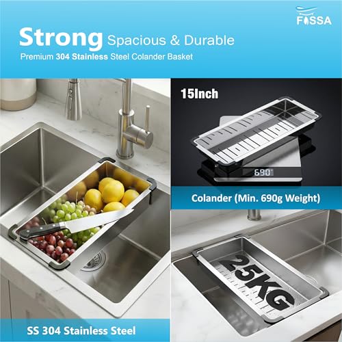 Image of Fossa Aqua 24 inchx18 inchx09 inch Inch Single Bowl Handmade Kitchen Sink 25-Year Warranty, AISI 304 Stainless Steel, 2.2mm Thickness, Includes Colander, Coupling & Waste Pipe Set Silver (Matte finish)
