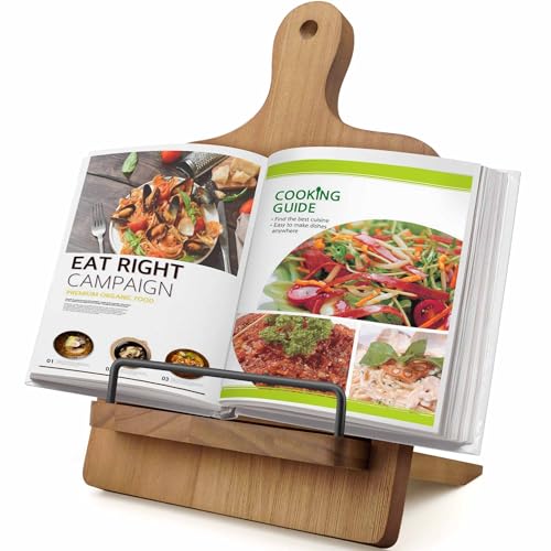 Ricettario - Supporto per ricette, in legno, con supporto estraibile regolabile, supporto rustico per libri di cucina (marrone scuro)