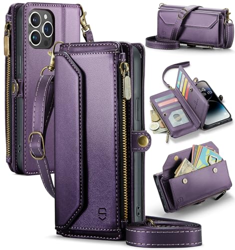 Strapurs Wallet Case Compatible with iPhone 14 Pro Max RFID Blocking 10-Card Holder Soft PU Leather Magnetic Snap Shoulder Strap Zipper Pocket Phone Case Fit for iPhone 14 Pro Max - Purple