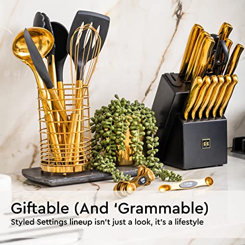 Black And Gold Kitchen Utensils With Gold Utensil Holder -17Pc Gold Cooking Utensils Set Includes Black & Gold Measuring Cups And Spoons, Black Silicone Cooking Utensils Set -Gold Kitchen Accessories #TOP1