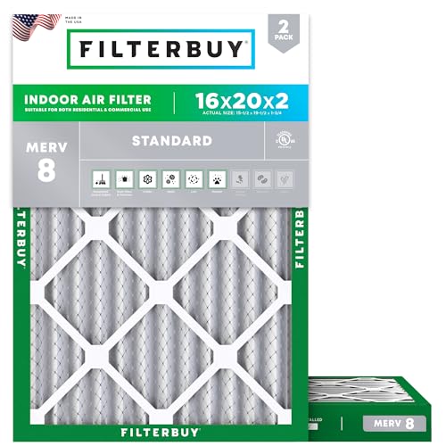 Filterbuy 16x20x2 Air Filter MERV 8 Essential Dust & Allergy Defense (2-Pack) Electrostatic Pleated HVAC AC Furnace Filters Replacement Made in USA (Actual Size: 15.50 x 19.50 x 1.75)
