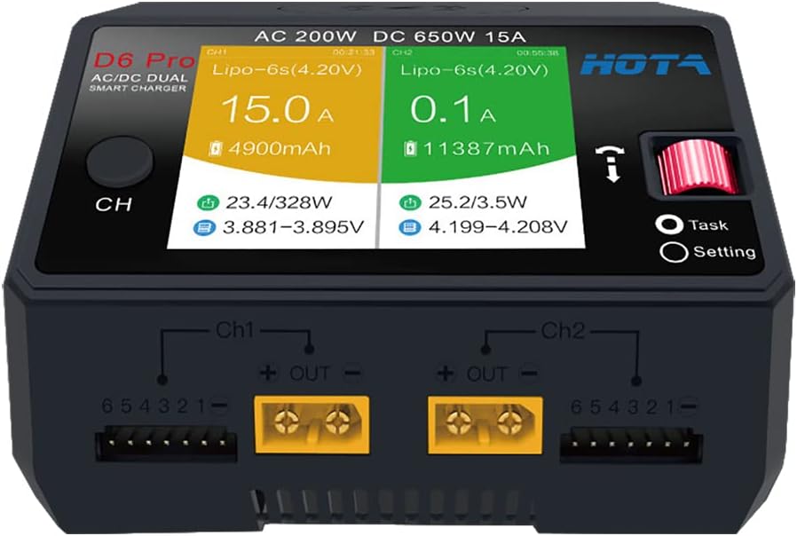 AlaohuHOTA D6 Pro Lipo Battery Charger AC/DC Dual Channel Smart Charger AC200W / DC650W (325W*2) 15A Balance Charger for RC Lipo LiHv Nicd NiMH Battery Charging RC Car RC Boat FPV Race Drone Parts