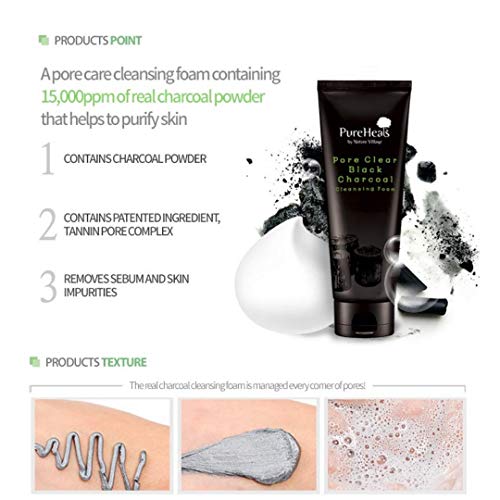 Pureheal's Pore Clear Black Charcoal Cleansing Foam 5.07 Fl. Oz. (150Ml), Oriental Botanical Ingredient, Pore Cleansing Off The Sebum And Skin Waste, By Nature Village #TOP2