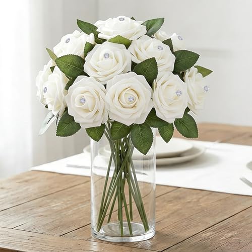 Image of 100Pcs Real Looking White with Diamonds Artificial Rose Flower Heads, Foam Fake Roses for DIY Wedding Decorations Baby Shower Centerpieces Home Party Valentine's Day Mother's Day Decor