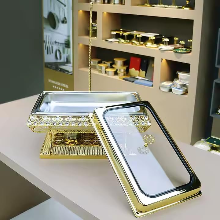 9QT Gold Chafing Dishes for Buffet, Gold Chafing Dishes with Hanging Lid, Rectangular Chafers and Buffet Warmers Sets with Glass Lid & Gold Diamond for Parties Weddings Catering Events