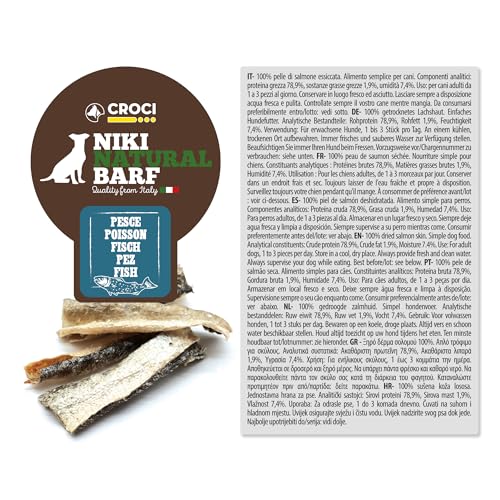 Croci Niki Natural Barf Fish Hundesnack aus 100% getrockneter Lachshaut, reich an natürlichem Eiweiß, Barf Diät für Hunde, ohne künstliche Zusätze und konserviert, 50g