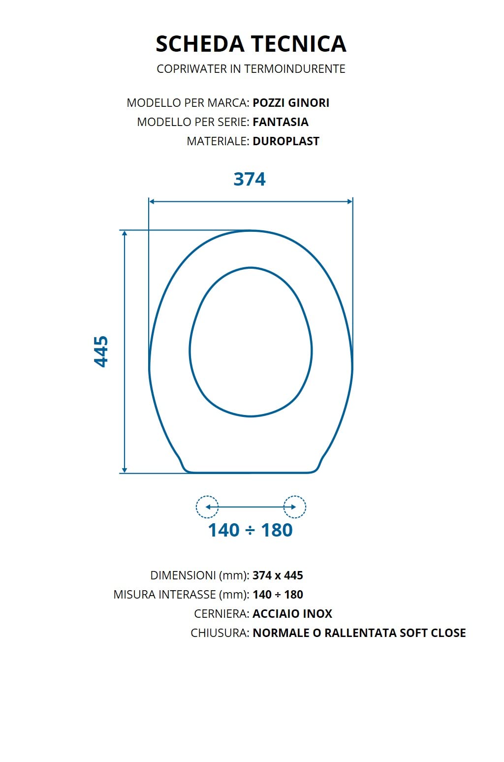 Copriwater per POZZI GINORI FANTASIA SLIM TERMOINDURENTE BIANCO cerniera inox