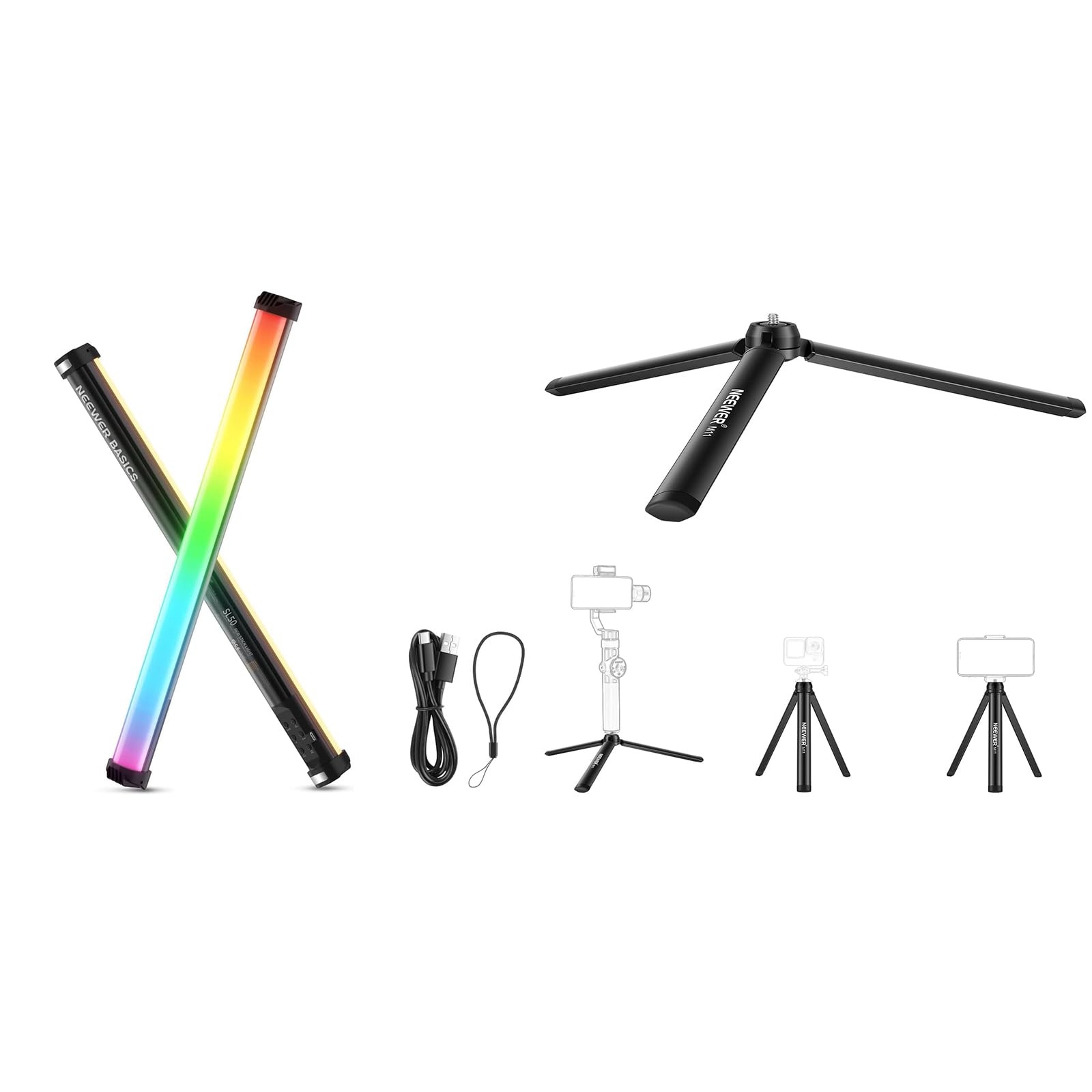 NEEWER Basics SL50 21" Magnetic RGB Light Wand with CRI95 14W LED 51 Modes 4000mAh Battery + Mini Metal Desktop Tripod Stand Compatible with Crane M2 Smooth Q2 Gimbal Grip Stabilizer and All Cameras