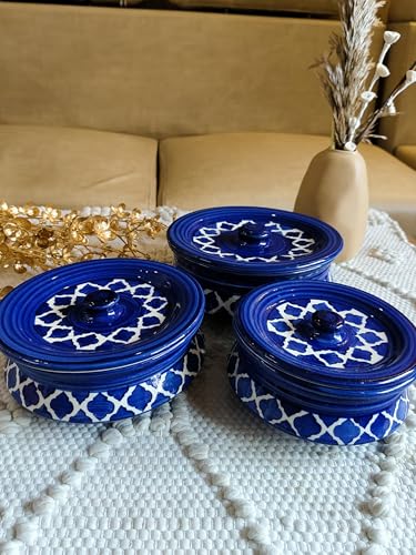 Image of Niyara Premium Handcrafted Ceramic Casserole /Donga Set with Lids | Serving Bowls for Hot Food | Microwave & Dishwasher Safe | Set of 3 (1000ML, 650ML, 550ML) | Moroccan Blue