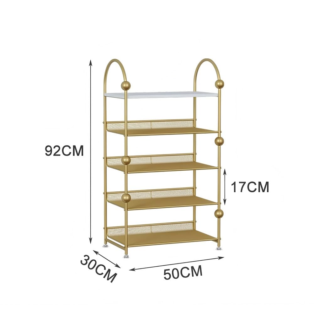 Zapatero metálico de 5 Niveles - Armario Vertical con Patas Antideslizantes, Multifuncional para entradas, Salones y pasillos - Elegante Acabado Dorado (50 x 30 x 92 cm)