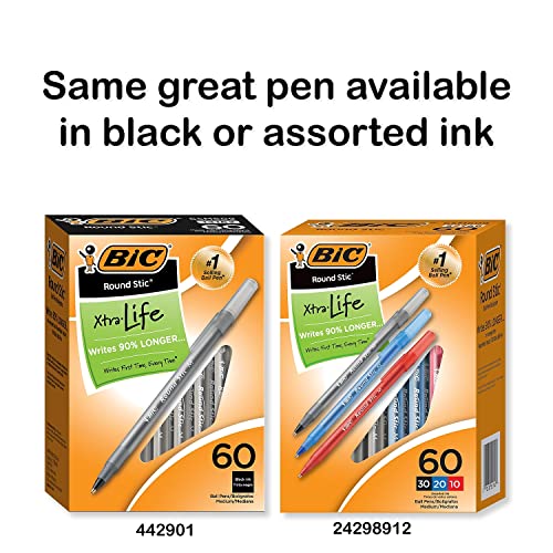 Image of 2 x BIC Round Stic Xtra Life Ball Pen, Medium Point (1.0 mm), Blue, 60-Count