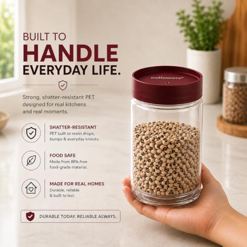 Image of CELLO Modustack Pet Storage Jar For Kitchen Set of 9 Pcs (1000ml x 2, 750ml x 2, 500ml x 5) Maroon | Freezer & Fridge Safe, Airtight Pet Kitchen Storage Box Container For Beans, Whole Grains, Spices