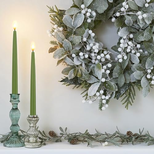 Image of CVHOMEDECO. Flameless Taper Candles with 10-Key Remote, Battery Operated Led Flickering 3D Wick Window Candles Real Wax Finished Home Christmas Party Decor 0.78 x 11 Inch, Pack of 2, Sage Green
