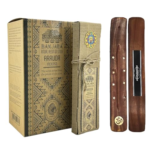 Aromasenses.- Incienso Sahumerio Banjara Ruda Ritual Resin - Caja Completa con 8 Cajetillas con 8 Varillas Cada una + 1 Tablilla Aromasenses - Hecho a Mano - 100% Natural y Orgánico (RUDA)