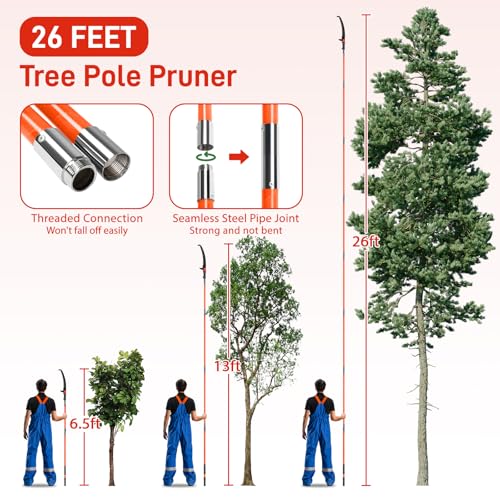 Image of VINGLI 26FT Manual Pole Saw for Tree Trimming, Extendable Tree Pruner, Sharp Steel Blade and Scissors, High Tree Branch Cutter with Lightweight 8 Fiberglass Long Handles, for Pruning Palms and Shrubs