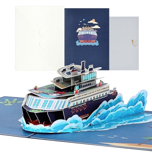 joyoldelf Biglietto Auguri Viaggio Pop Up – Biglietti di Auguri Compleanno 3D, Buono per Biglietti Aerei, Regalo in Denaro per le Vacanze, Ideale per Famiglia e Amici, su Strada（Nave da Crociera）