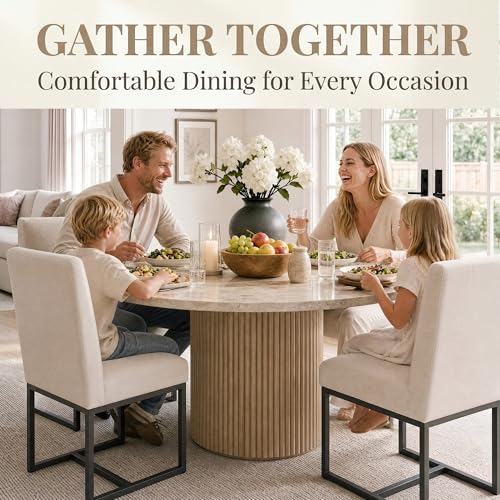 Image of HNY Modern Dining Chairs Set of 4, Upholstered Linen Dining Room Chairs with Ergonomic Back & Metal Frame for Home, Kitchen, Apartment, Cream