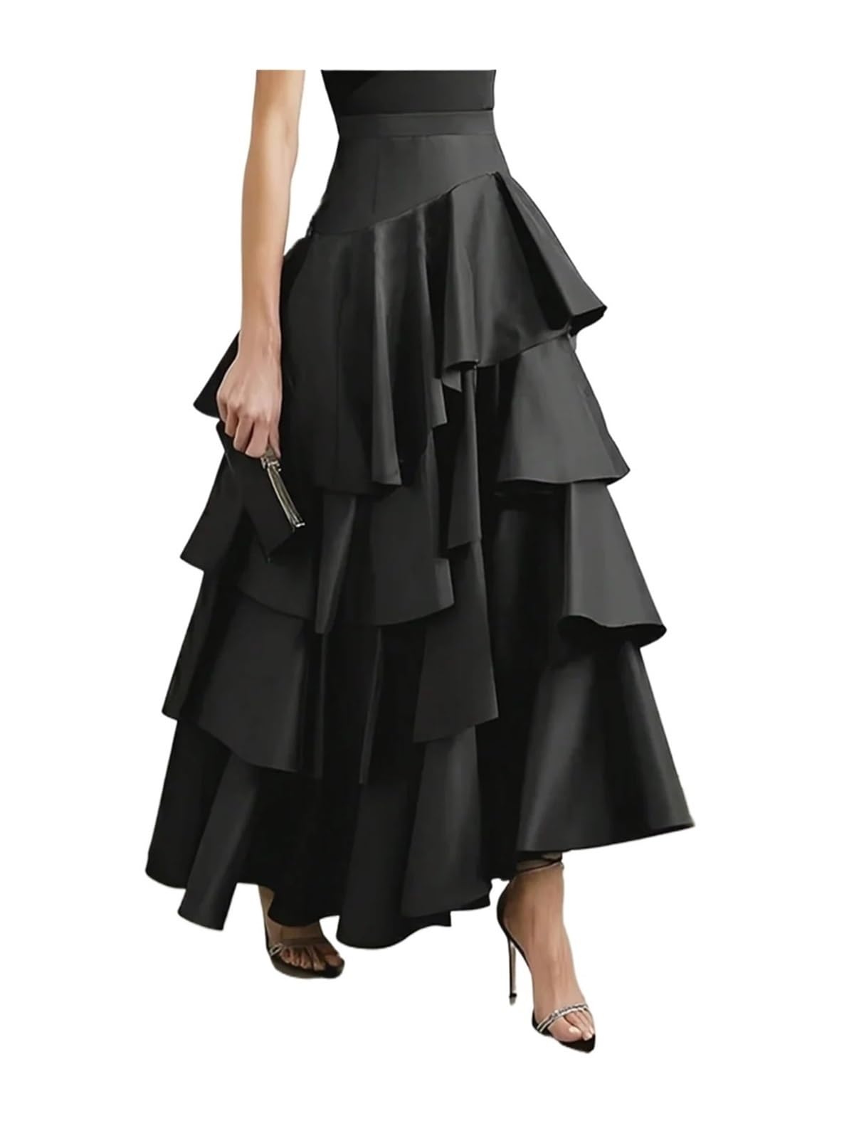 Falda Larga de otoño for Mujer, Falda Fiesta con Dobladillo Multicapa y Cintura Alta, Elegante, Volantes Vuelo, Talla Grande para Uso Diario Informal