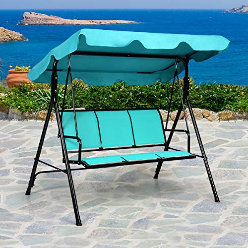Image of TANGKULA 3 Person Patio Swing, Steel Frame with Polyester Angle Adjustable Canopy, All Weather Resistant Swing Bench, Suitable for Patio, Garden, Poolside, Balcony (Turquoise)