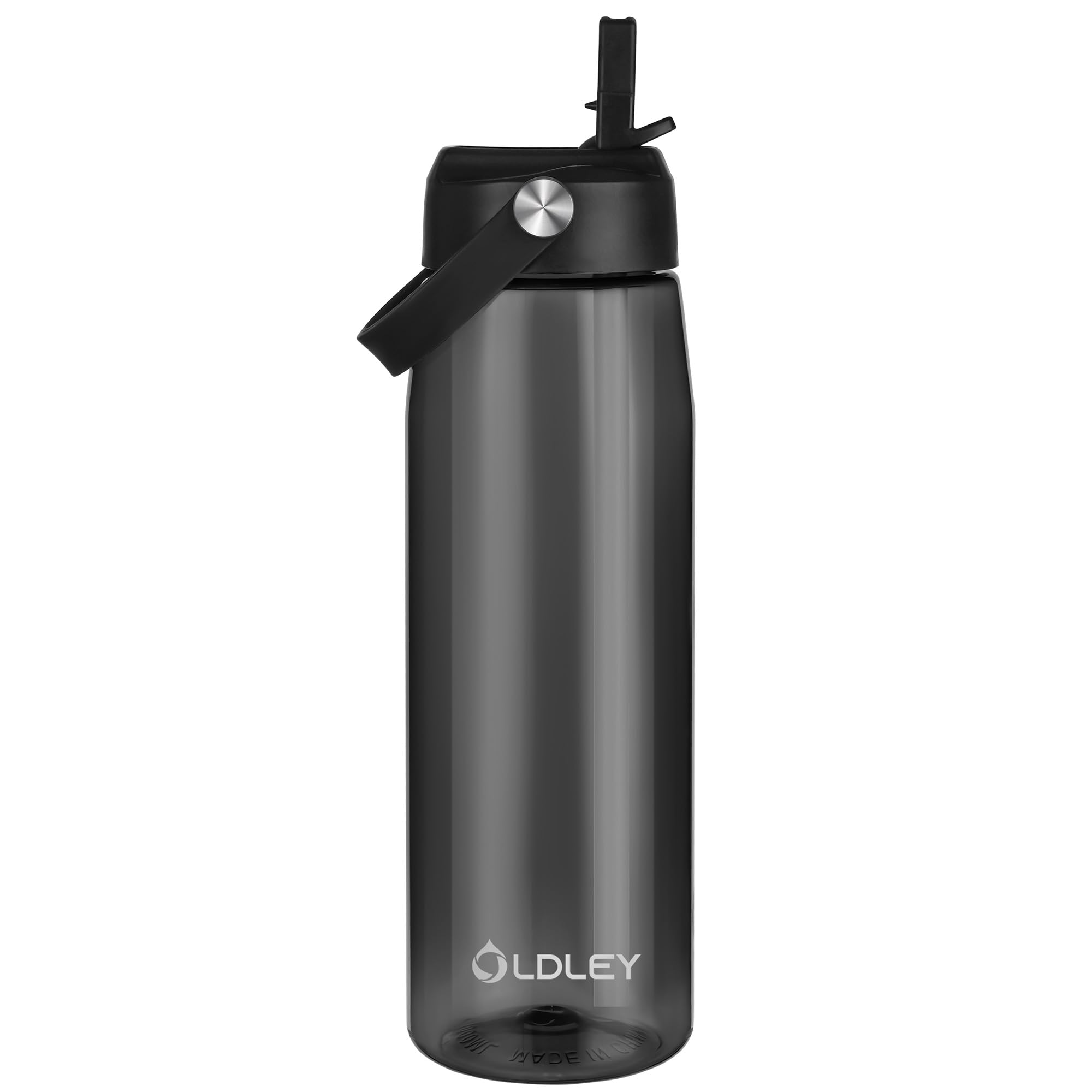 OLDLEY 1000ml/32oz Water Bottle with Straw Tritan 1 Litre Clear Drinks Bottle with Handle BPA Free Leakproof Reusable Large Sports Bottle for Gym, School, Cycling (Midnight Black)