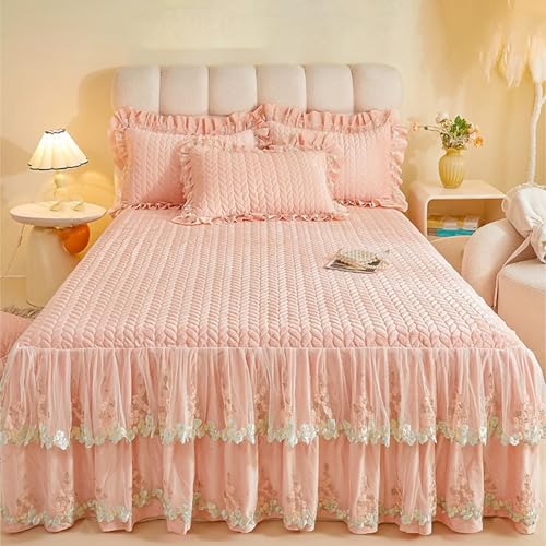 Fzigenle ベッドスカート 2点枕カバー 上品 フランネル キルティング 中綿 厚め ベッドカバー 秋冬 暖かい レース フリル 姫系 柔らか ダブル A150*200 マットレスカバー 中綿ベッドスカート カラーb13 静電気防止 洗える きれいめ