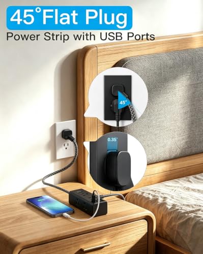 Image of Extension Cord 10Ft, Flat Surge Protector Power Strip 10 Ft Long Cord,Black | One Beat 6 Widely Outlets 4 USB Ports (2 USB C), 10ft Extension Cord Wall Outlet Extender for Home Office College Dorm Room
