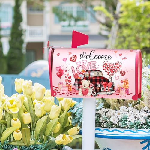 Image of Valentine's Day Love Pink Mailbox Covers Magnetic Love Heart and Car Mailbox Cover Standard Size 18 X 21 Inch Happy Valentines Day Holiday Wrap Post Letter Box Decorative for Outdoor Home Garden Yard