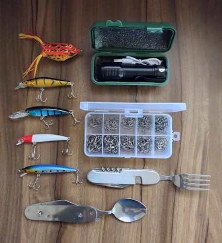 Kit Completo Para Pesca Com Iscas Artificiais Anzóis Canivete e Lanterna Tática