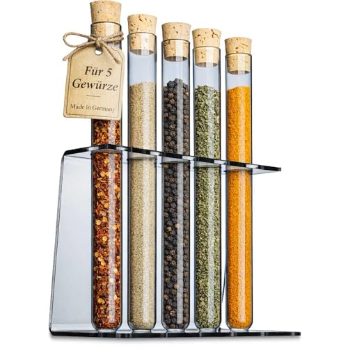 Porte-épice en Acrylique avec des Tubes à essai, Bouchons de liège Inclus, Idéal pour la Cuisine ou la décoration (Ø 16.5mm - 5 Trous)