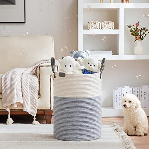 Image of VIPOSCO 72L Tall Woven Rope Laundry Hamper, Leather Handles, Grey & White | Large Wicker Laundry Basket for Dirty Clothes, Blanket, Toy, Towel, Yoga Mat, Storage Bin in Bedroom, Bathroom, Living Room